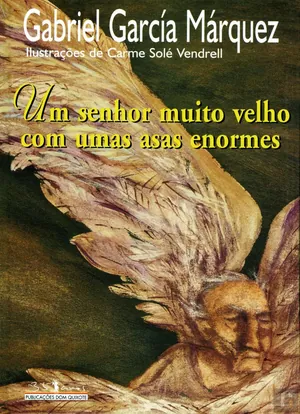 Um senhor muito velho com umas asas enormes